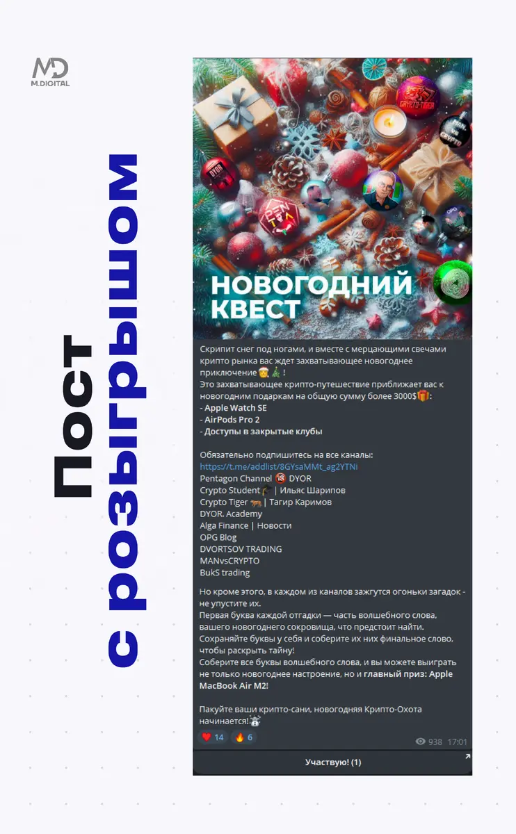 Пример такого поста Розыгрыш в Телеграм: Простая механика с ботом-рандомайзером