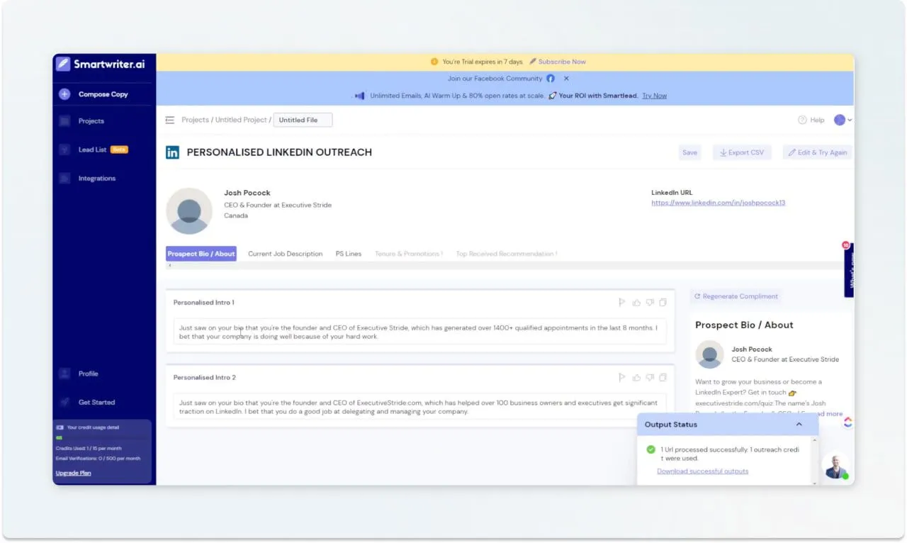 Работа Smartwriter с Linkedin