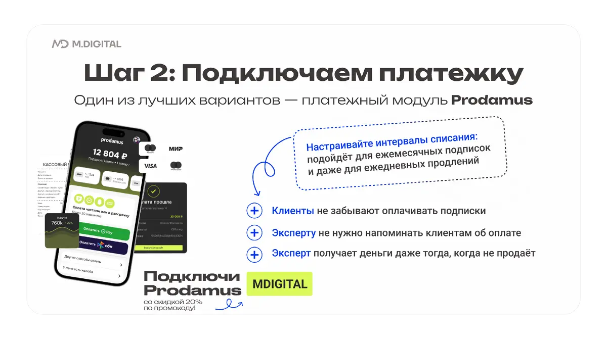 Настраиваем платежную систему Prodamus для приема ежемесячных подписок Настройка приёма платежей через Prodamus + промокод на скидку 2000 рублей MDIGITAL