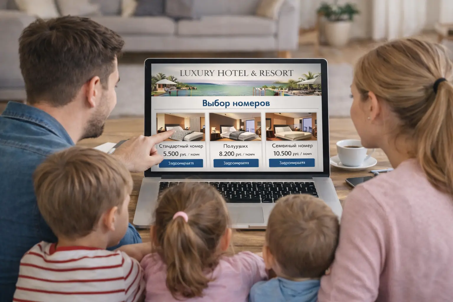 Семья с детьми оформляет прямое бронирование номера на сайте отеля после поиска в интернете