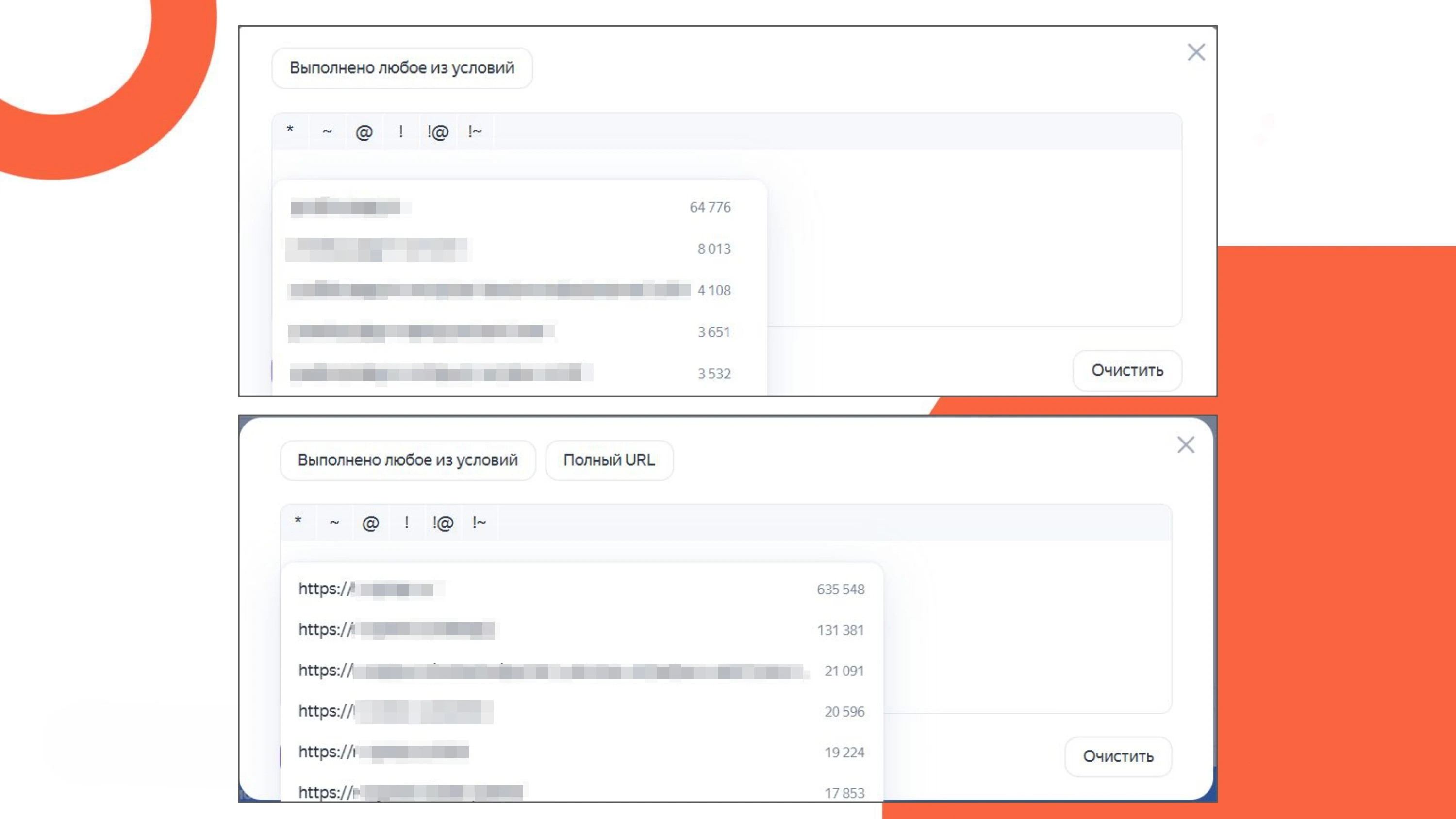Специальные символы, списки фраз и URL для регулярного выражения в Яндекс Метрике