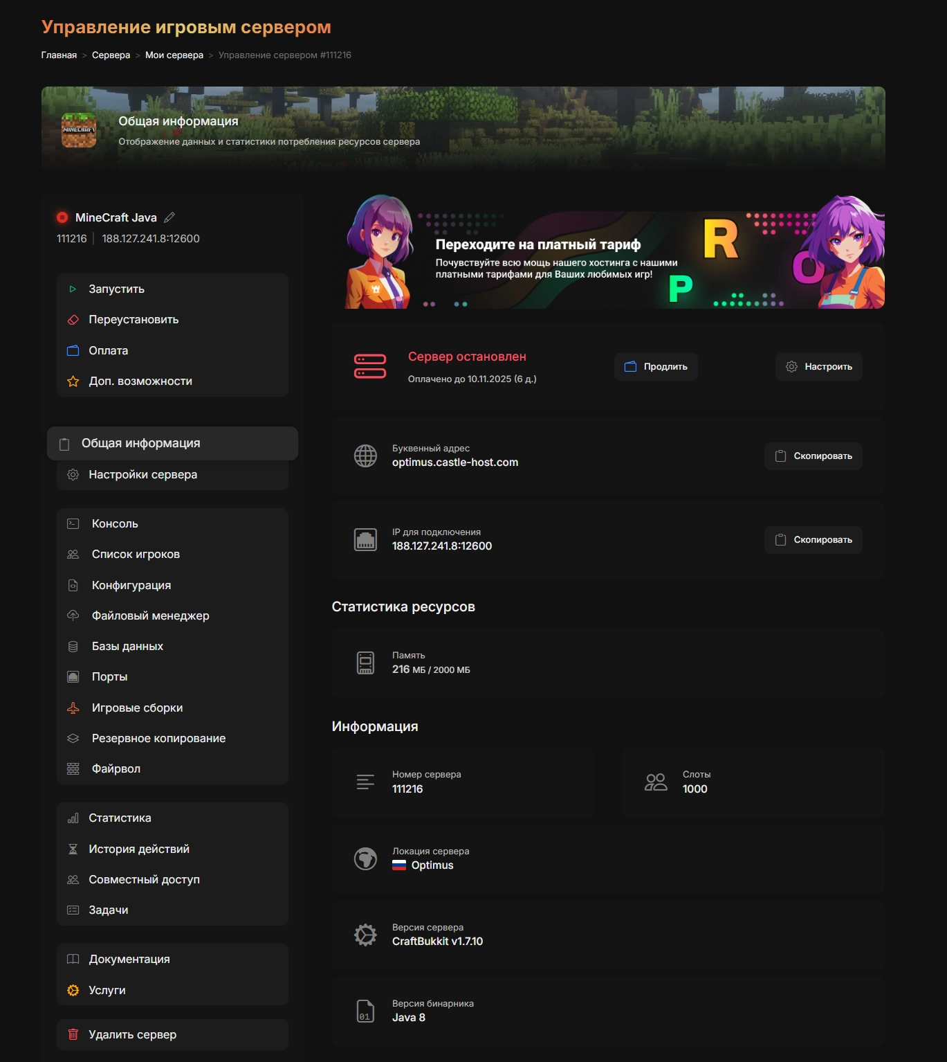 Панель управления CastleHost