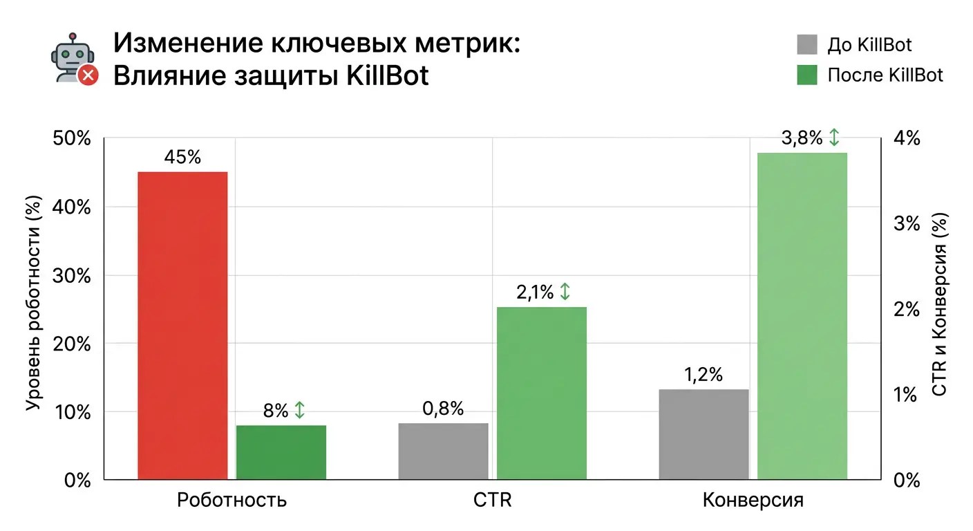 •	До KillBot: Роботность 45%, CTR 0.8%, Конверсия 1.2% •	После KillBot: Роботность 8%, CTR 2.1%, Конверсия 3.8%