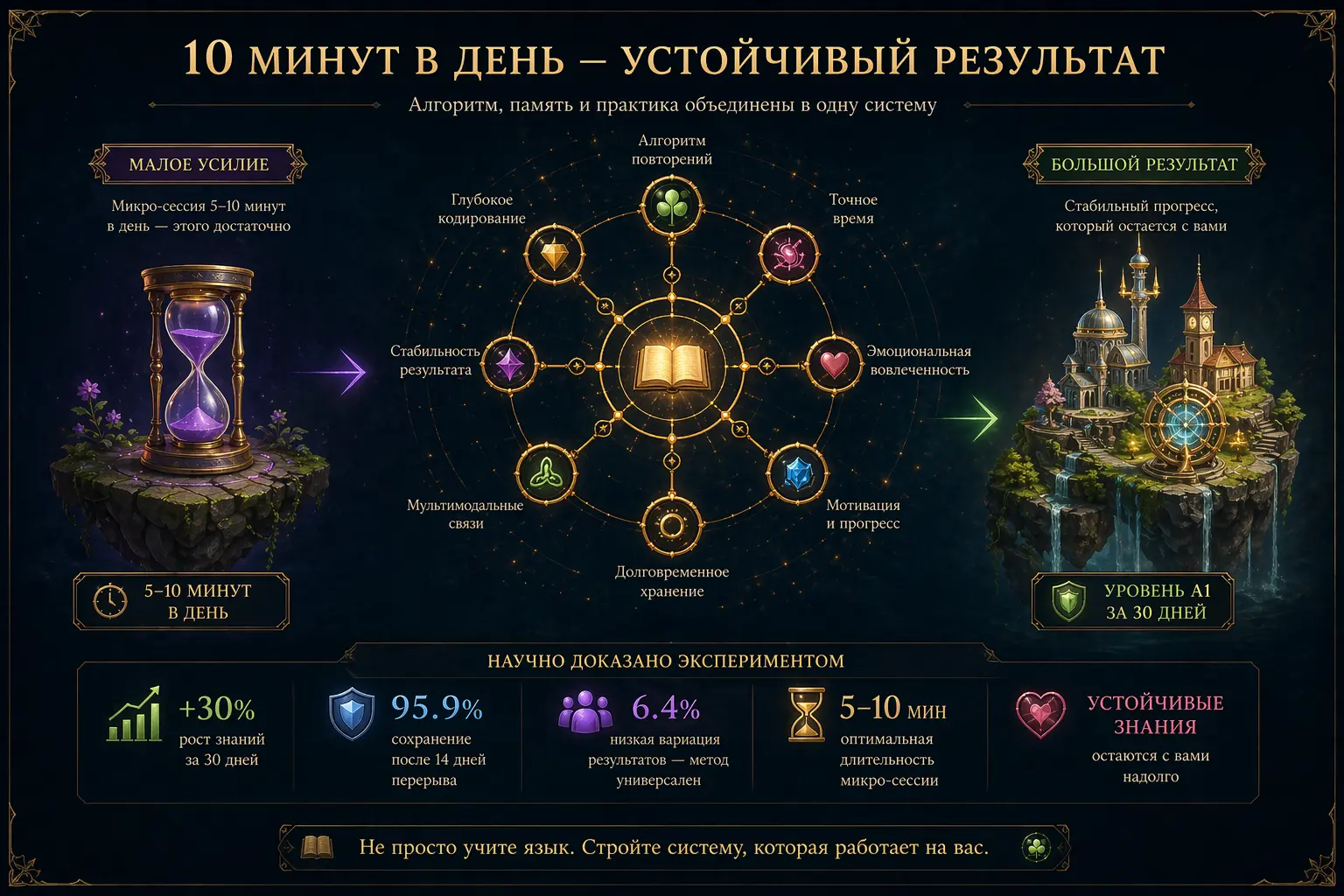 alt="Как достичь уровня A1 за 30 дней: алгоритм Lingo Magic объединяет микро-сессии по 5-10 минут, умные повторения и эмоциональную вовлеченность для долговременного хранения слов."