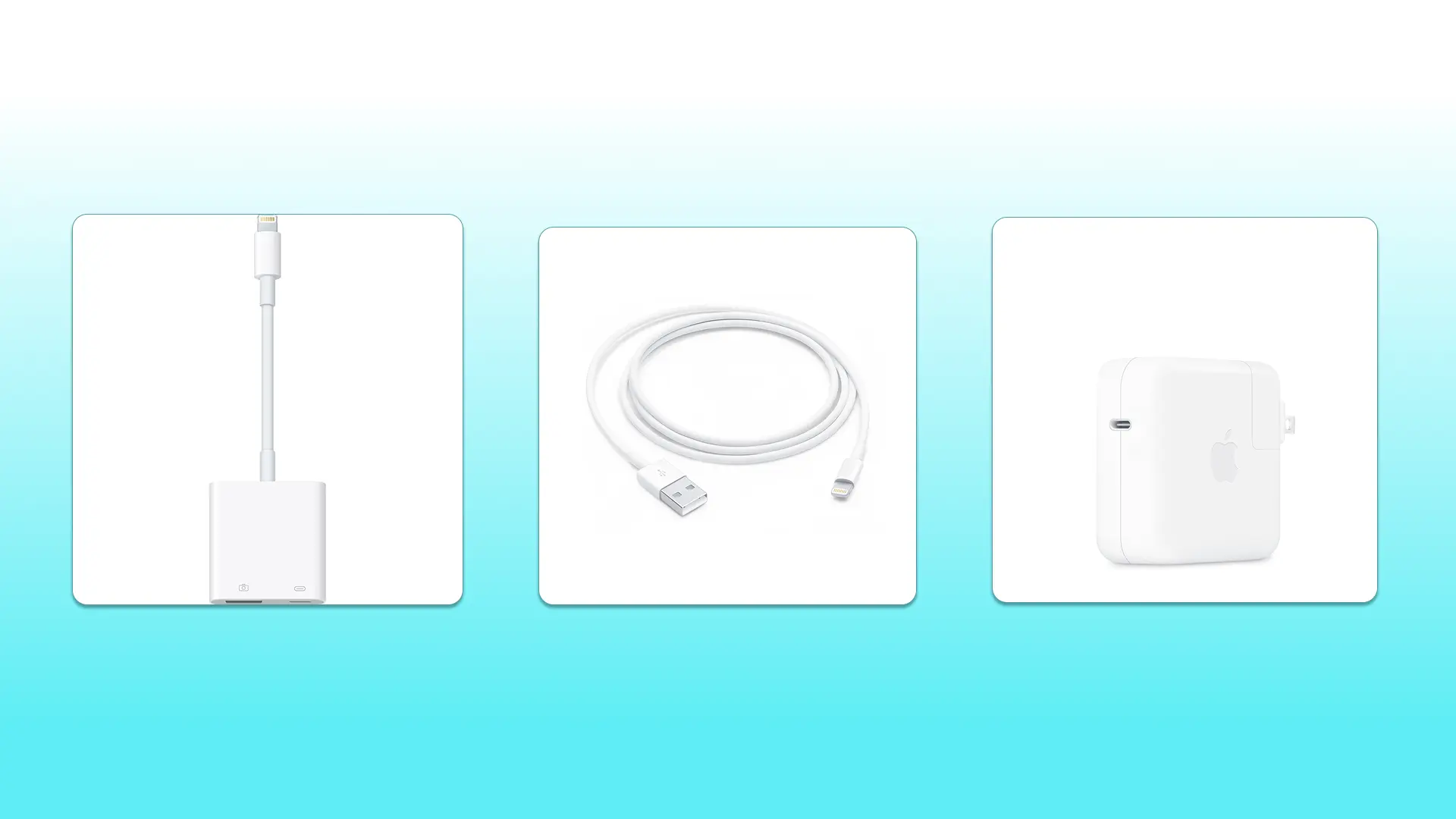 Для двух старых iPhone нужен Lightning/USB 3 для камеры и кабель Lightning/USB, адаптер питания 12W+