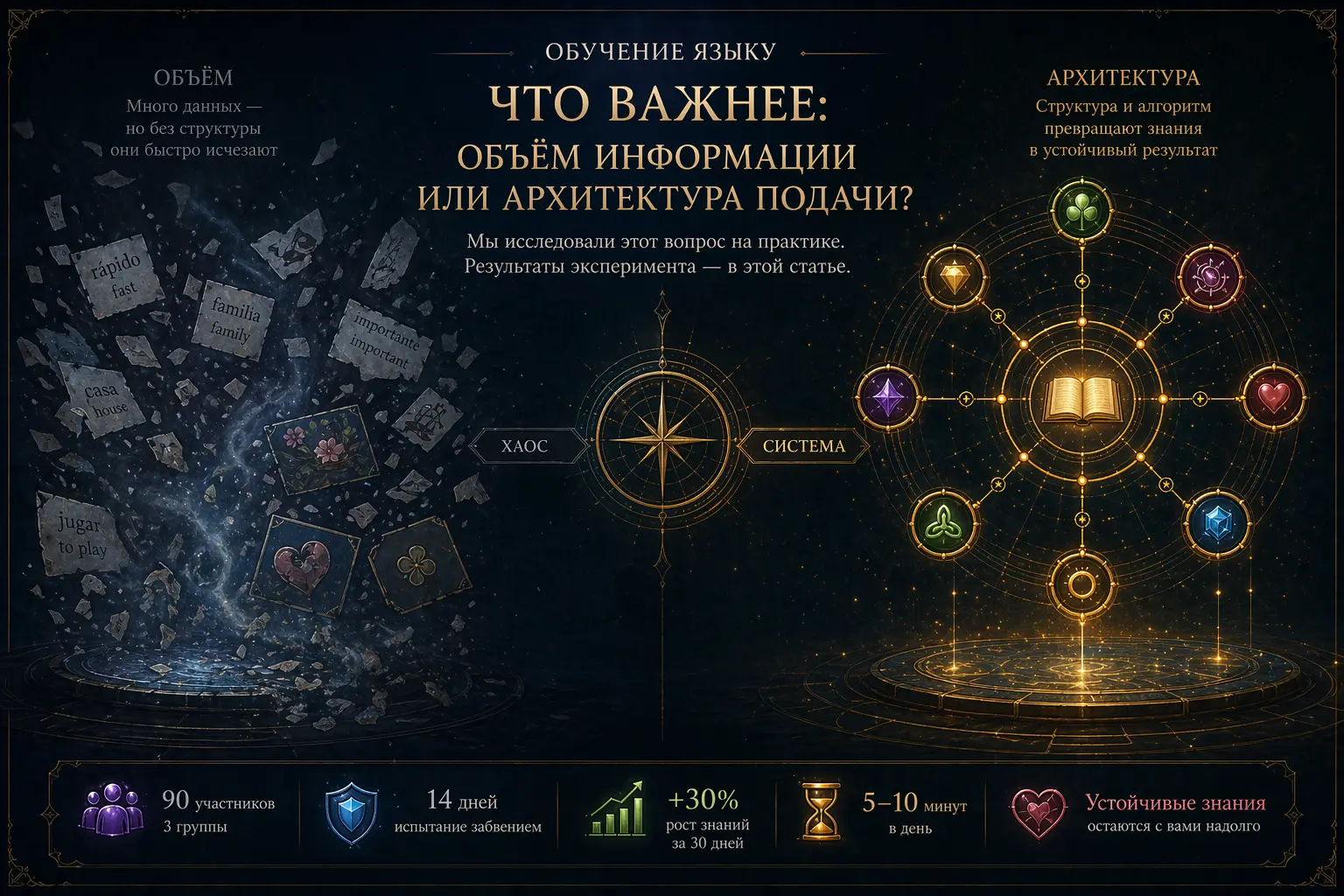 alt="Иллюстрация к исследованию: что важнее в обучении языку — объём информации или архитектура подачи? Сравнение хаотичного заучивания и системного подхода. Результаты эксперимента на 90 участниках: +30% рост знаний за 30 дней и устойчивость после 14 дней паузы."