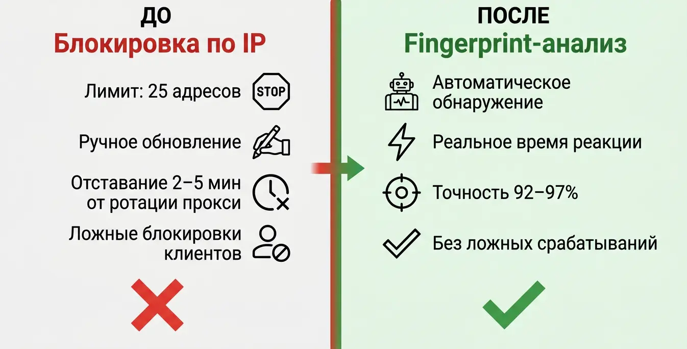 Левая колонка «ДО»: Блокировка 25 IP, ручное обновление, отставание на 2–5 минут от ротации прокси, ложные блокировки клиентов. Правая колонка «ПОСЛЕ»: Fingerprint-анализ, автоматическое обнаружение, реакция в реальном времени, точность 92–97%.