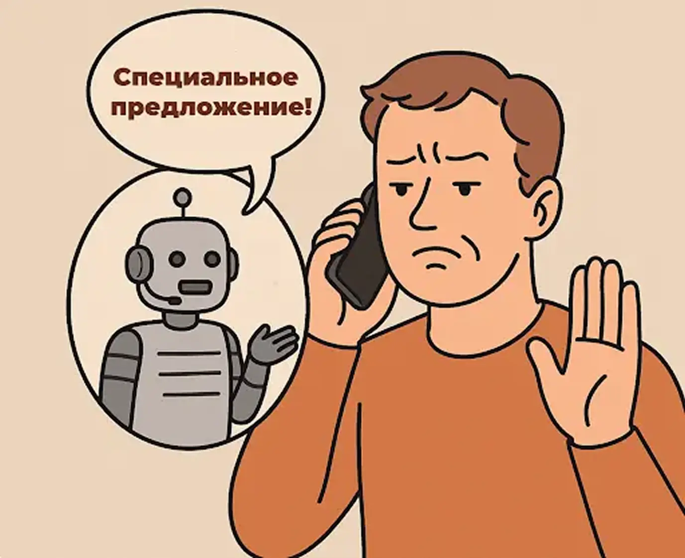 Робот не вступает в диалог и не обращает внимания на попытки его прервать — он просто следует сценарию до конца Робот не вступает в диалог и не обращает внимания на попытки его прервать — он просто следует сценарию до конца