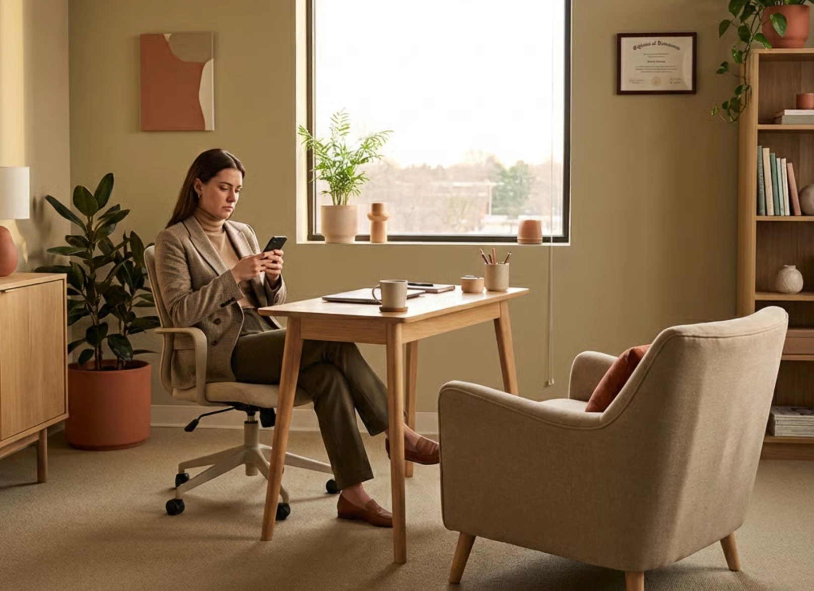 Часы показывают 15:00 в кабинете психолога, пустое кресло на фоне, ощущение ожидания и паузы в терапии.