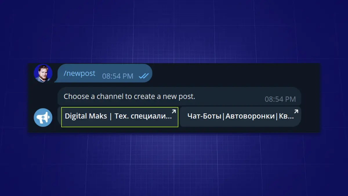 Нажмите команду /newpost и выберите нужный канал. Нажмите команду /newpost и выберите нужный канал.