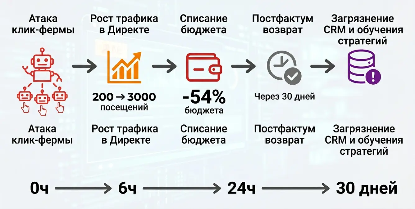 Этапы: 1) Атака клик-фермы → 2) Рост трафика в Директе → 3) Списание бюджета → 4) Постфактум возврат части средств → 5) Загрязнение CRM и обучения стратегий.