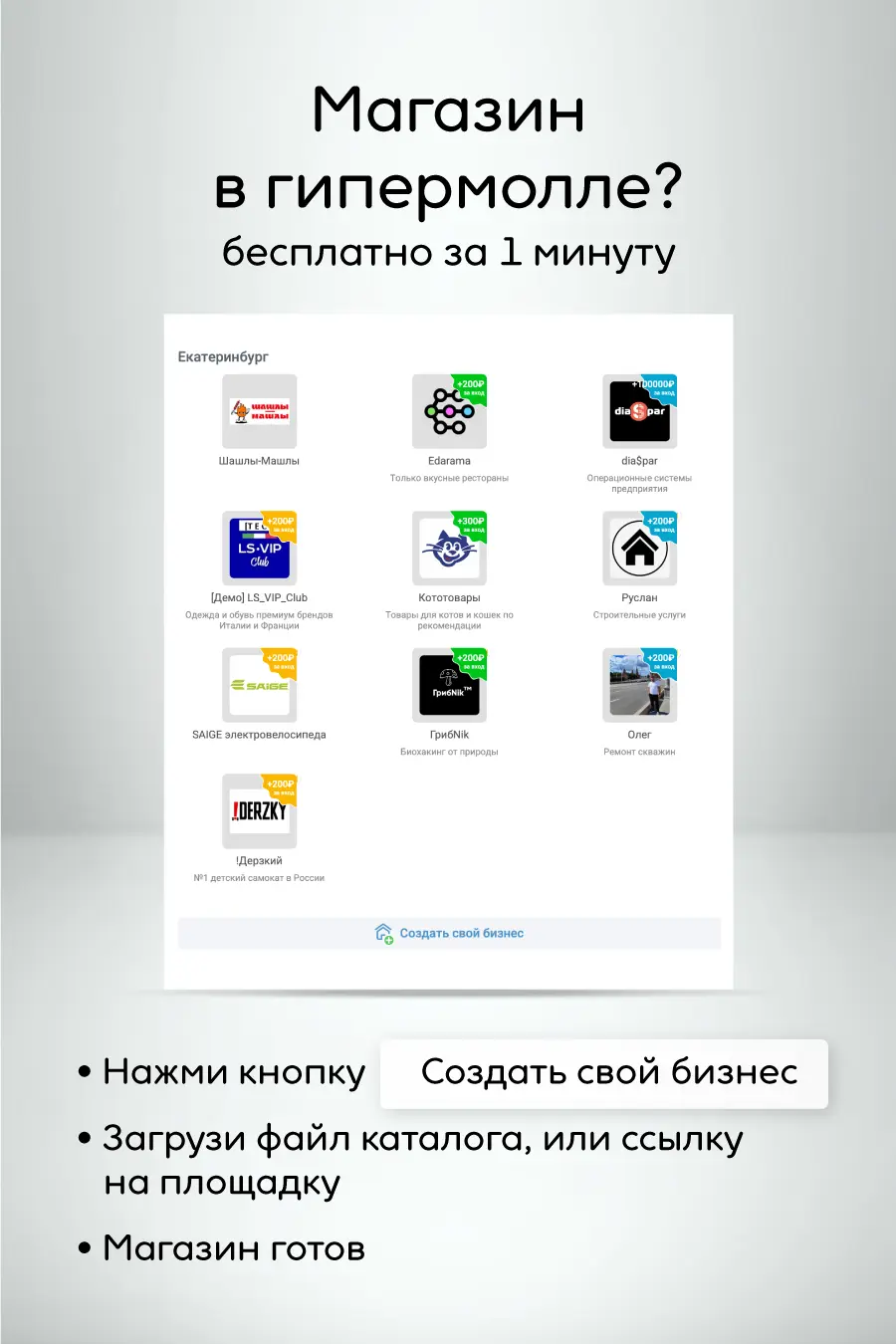 Магазин в гипермолле создаётся за 5 минут. Каталог загружается автоматически 