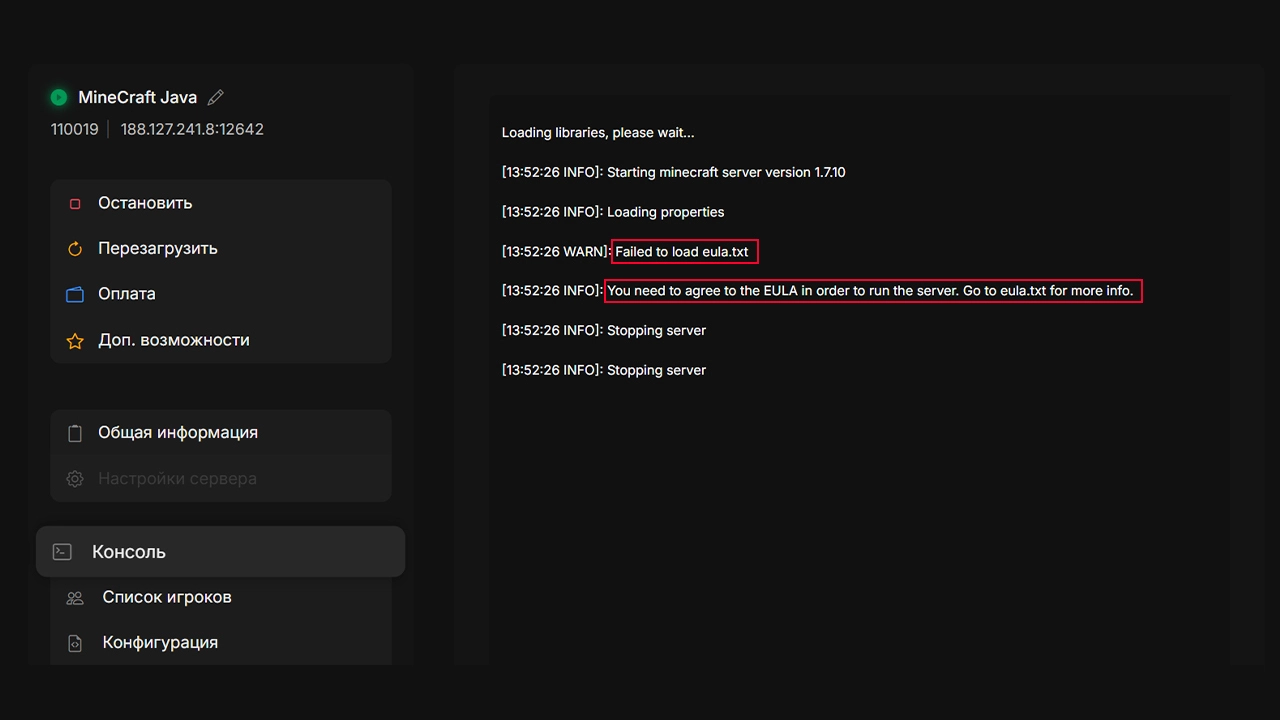 Ошибка Minecraft eula в консоли CastleHost