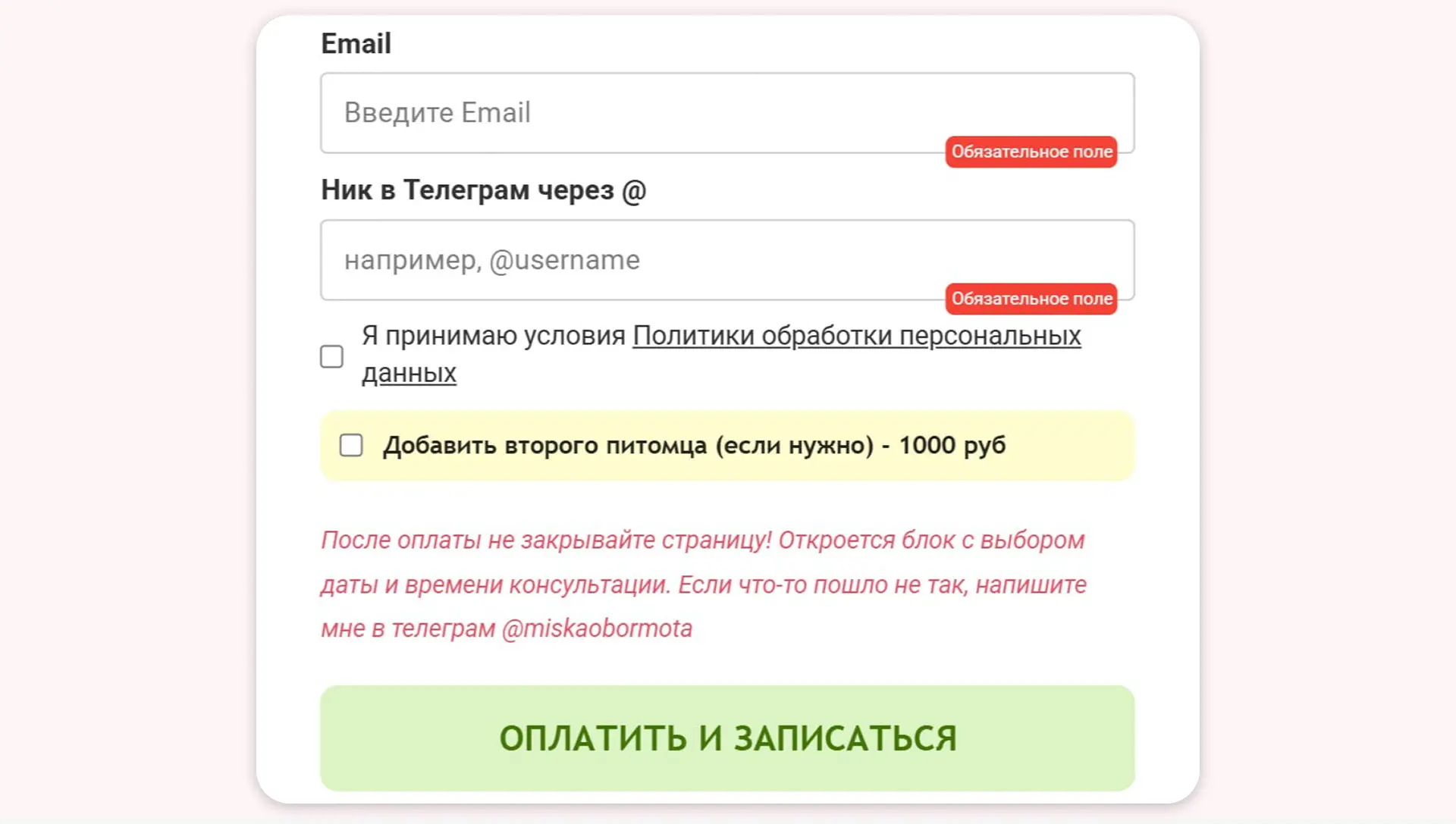 Красным шрифтом написано, что после оплаты клиент может забронировать время для консультации