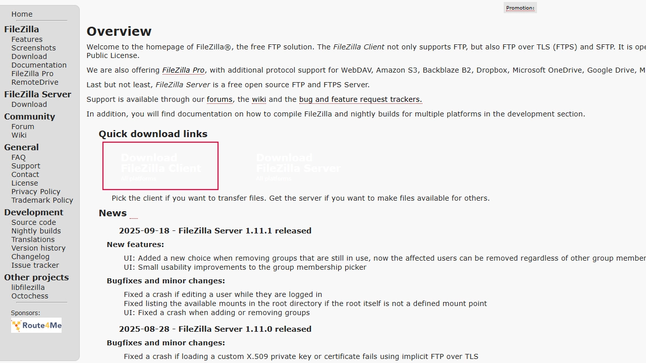 Кнопка для скачивания Filezilla