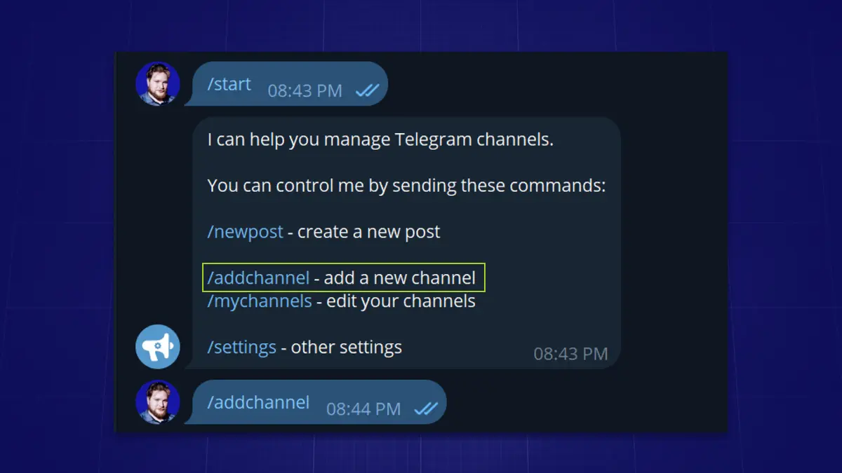 Выберите команду /addchannel — добавление нового канала. Выберите команду /addchannel — добавление нового канала.