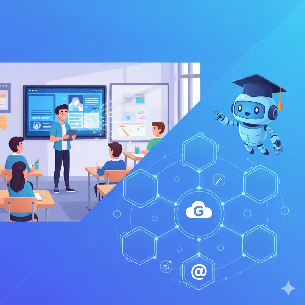 Иллюстрация к статье об использовании нейросетей в учебе: современный школьный класс, ученик представляет доклад у интерактивной панели, рядом изображен дружелюбный робот-помощник в академической шапочке и футуристичная схема с иконками ИИ-сервисов на синем фоне.