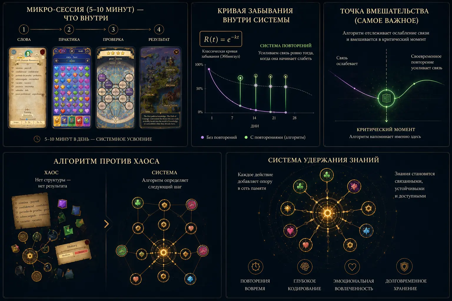 <img src="learning-system-infographic.jpg"   alt="Инфографика системы интервального повторения: кривая забывания Эббингауза R(t)=e^{-kt}, микро-сессии обучения по 5–10 минут, алгоритм удержания знаний и сеть памяти для изучения языков Lingo Magic" />